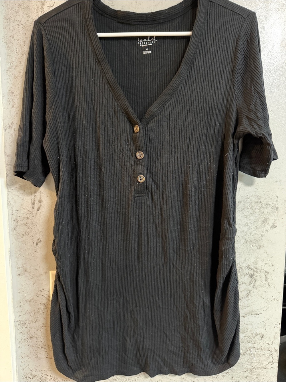 Black Ribbed Maternity V-Neck Button Tunic Top